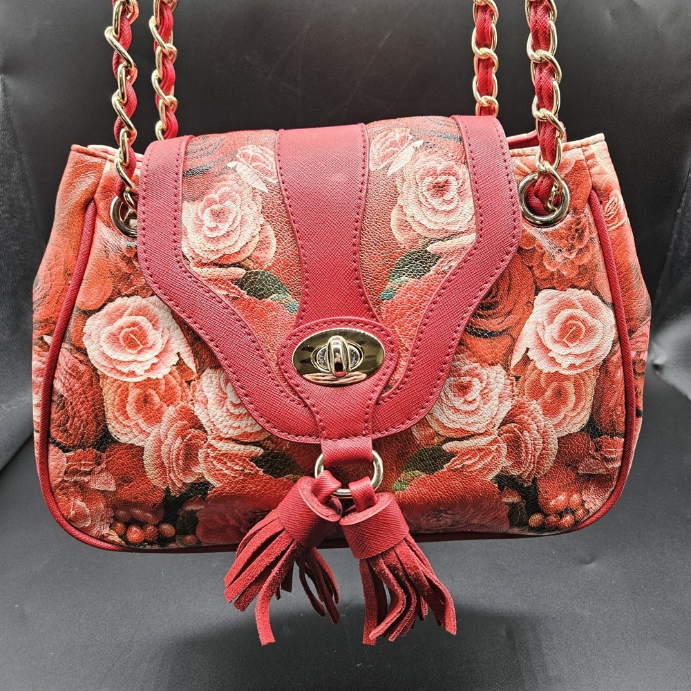 Sharif Red Roses Leather Handbag Purse Chain Straps Tassels Pebbled Turn Lock